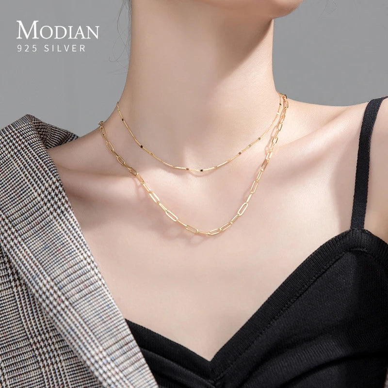 Modian Classic 925 Sterling Silver Double Layer Geometric Link Chain Necklace for Women Party Fine Jewelry Accessories