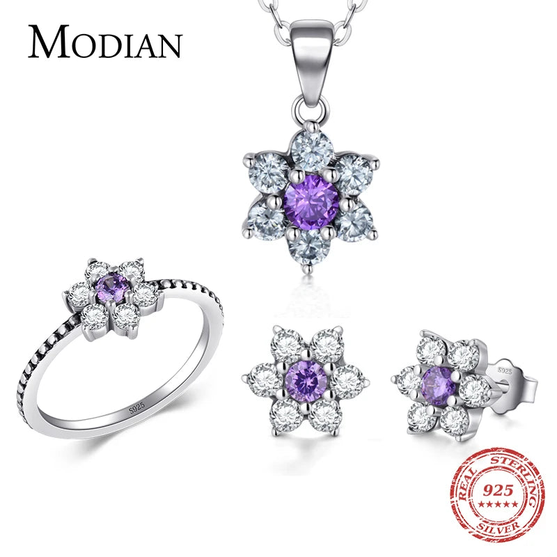 Modian Classic Real 100% 925 Sterling silver Ring & Earring Crystal Clear Stud Earrings For Women Wedding Jewelry Sets