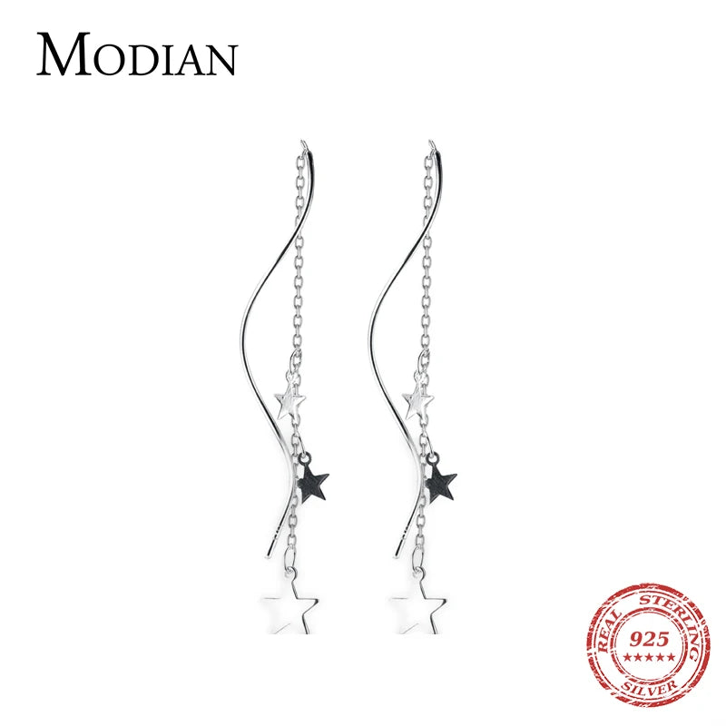 Modian Classic Real 925 Sterling Silver Swing Full Stars Line Drop Earrings For Women Dangle Ear Silver Fine Jewelry