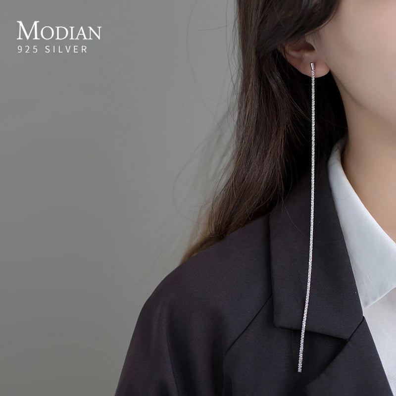 Modian Classic Trend 925 Sterling Silver Beautiful Sparkling Long Strip Gypsophila Drop Earrings for Women Wedding Party Jewelry