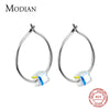 Modian Dazzling Big Square Rainbow Crystal Hoop Earrings For Women Swing Classic Hoops Ear 925 Sterling Silver Jewelry