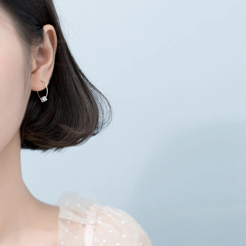 Modian Dazzling Big Square Rainbow Crystal Hoop Earrings For Women Swing Classic Hoops Ear 925 Sterling Silver Jewelry