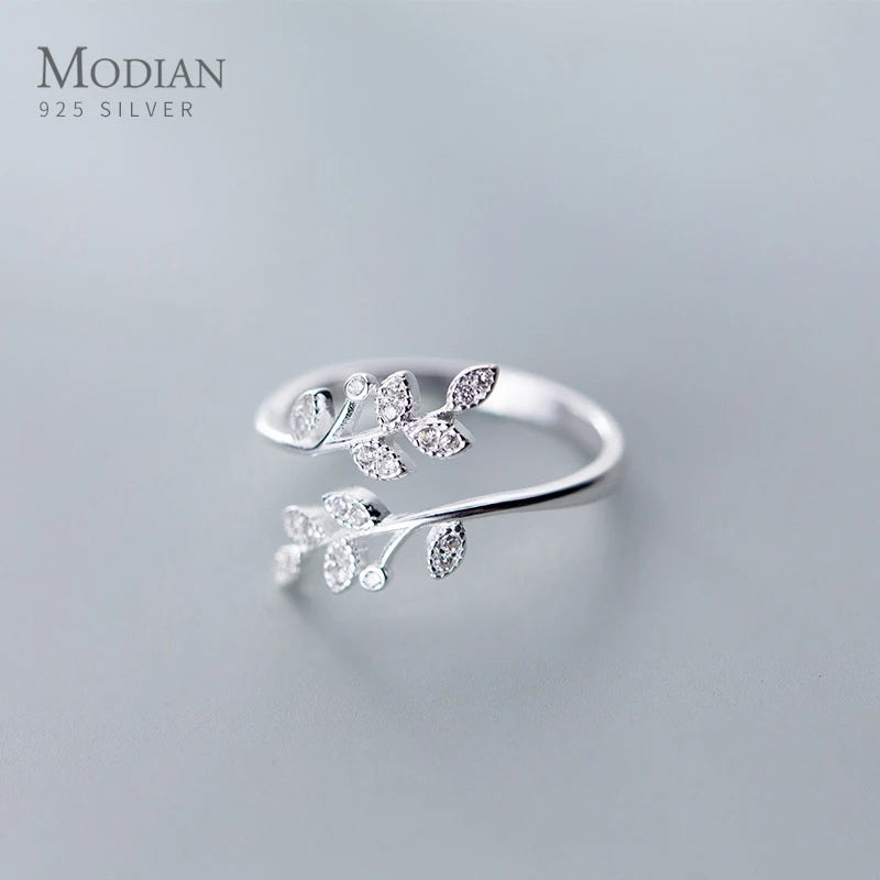 Modian Dazzling Zircon Tree Branch Leaves Sterling Silver 925 Ring for Women Free Size Ring Luxury Engagement Gift Fine Jewelry