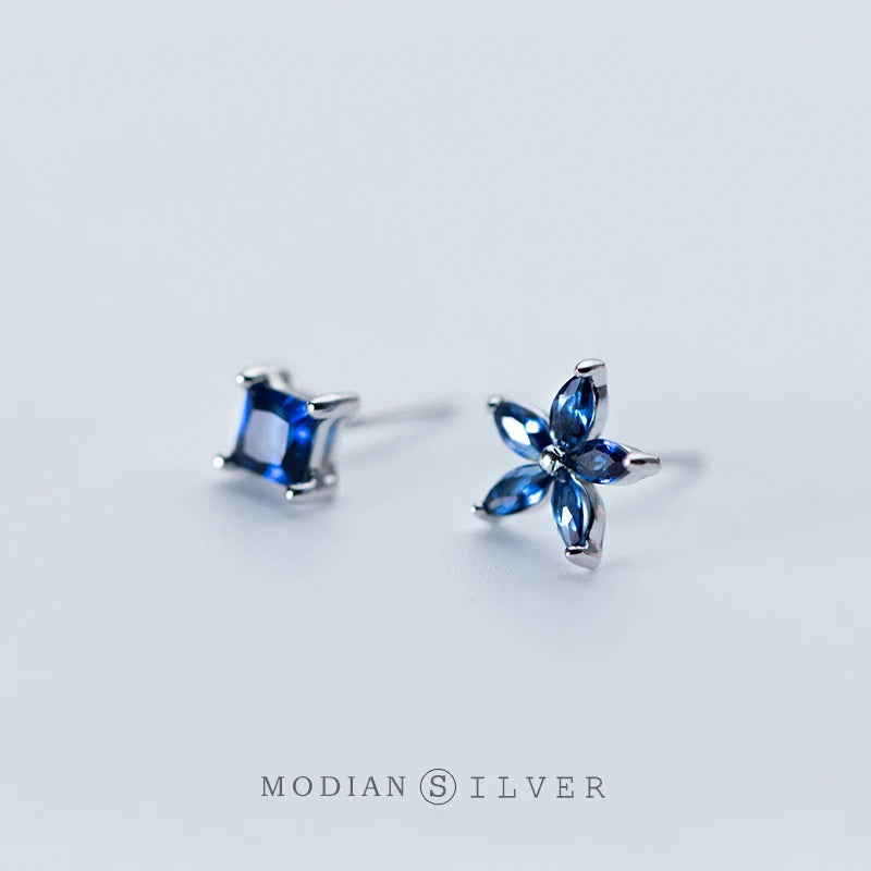 Modian Exquisite Luxury Blue Flower Plant Square Zircon Jewelry For Women Real 925 Sterling Silver Female Stud Earrings