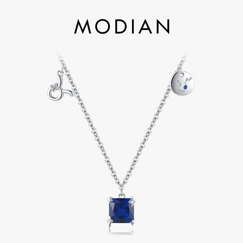 Modian Exquisite Square Blue Zirconia Pendant 100% 925 Sterling Silver Constellation Taurus Necklace Link Chain For Women Gift