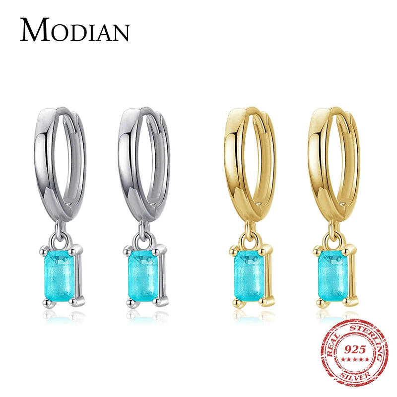 Modian Exquisite Tourmaline Hoop Earrings Real 925 Sterling Silver Rectangle Paraiba Earring For Women Fine Jewelry Gift