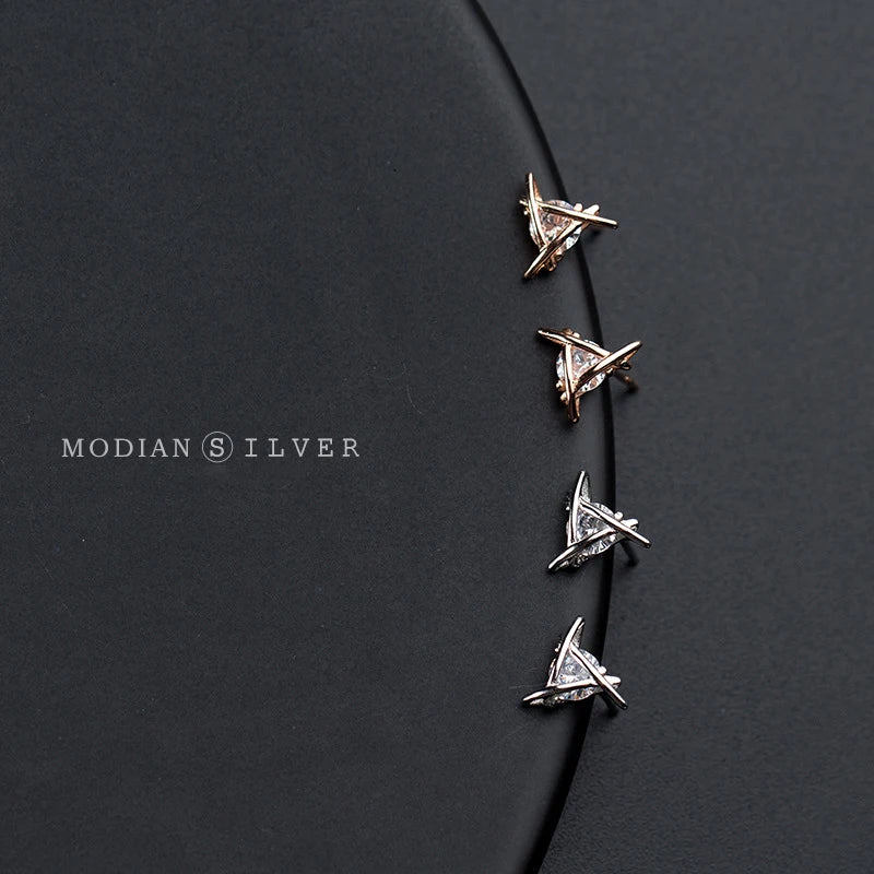 Modian Exquisite Windmill Zircon Silver Stud Earrings for Girl Rose Gold Color Studs 925 Sterling Silver Women Gifts Accessories