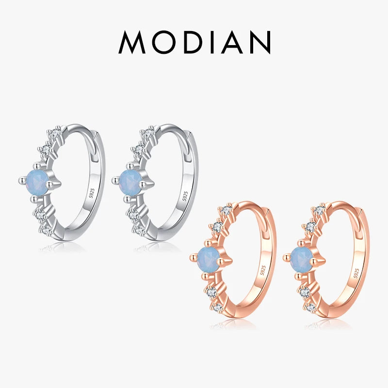 Modian 925 Sterling Silver Blue Round Opal Charm Female Ear Buckle For Women Fine Jewelry Hypoallergenic Hoop Earrings