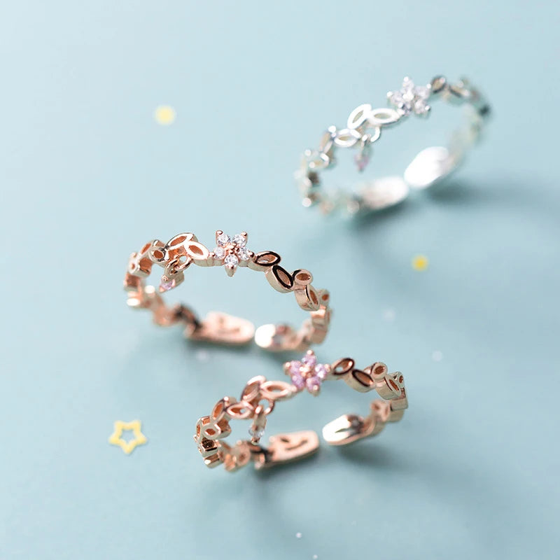 Modian 925 Strling Sliver Radiant Zircon Flower Leaves Stackable Ring for Women Open Adjustable Finger Ring Fine Jewelry