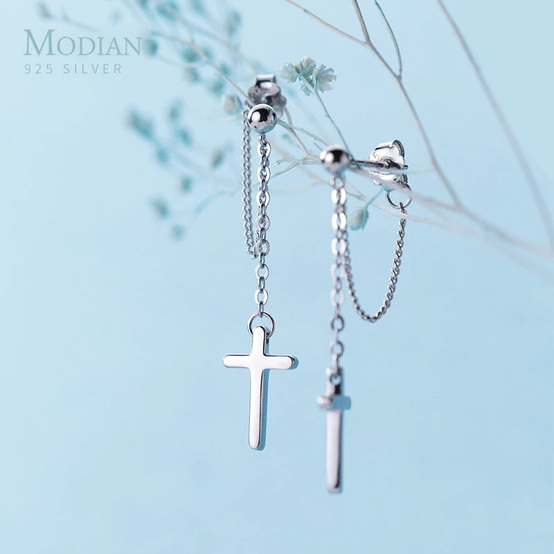 Modian Long Tassel Cross Drop Earrings Elegant Charm 925 Sterling Silver Swing Dangle Ear For Women Bead S925 Jewelry