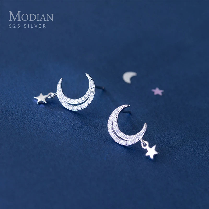 Modian Shining Clear CZ Moon Stud Earring for Women Genuine 925 Sterling Silver Ear Pin Korea Style Fine Jewelry Bijoux