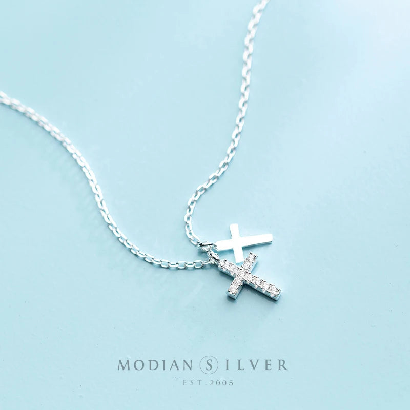 Modian Shiny Zircon and Glossy Cross Pendant Necklace for Women Pure 925 Sterling Silver Long Chain Necklace Jewelry