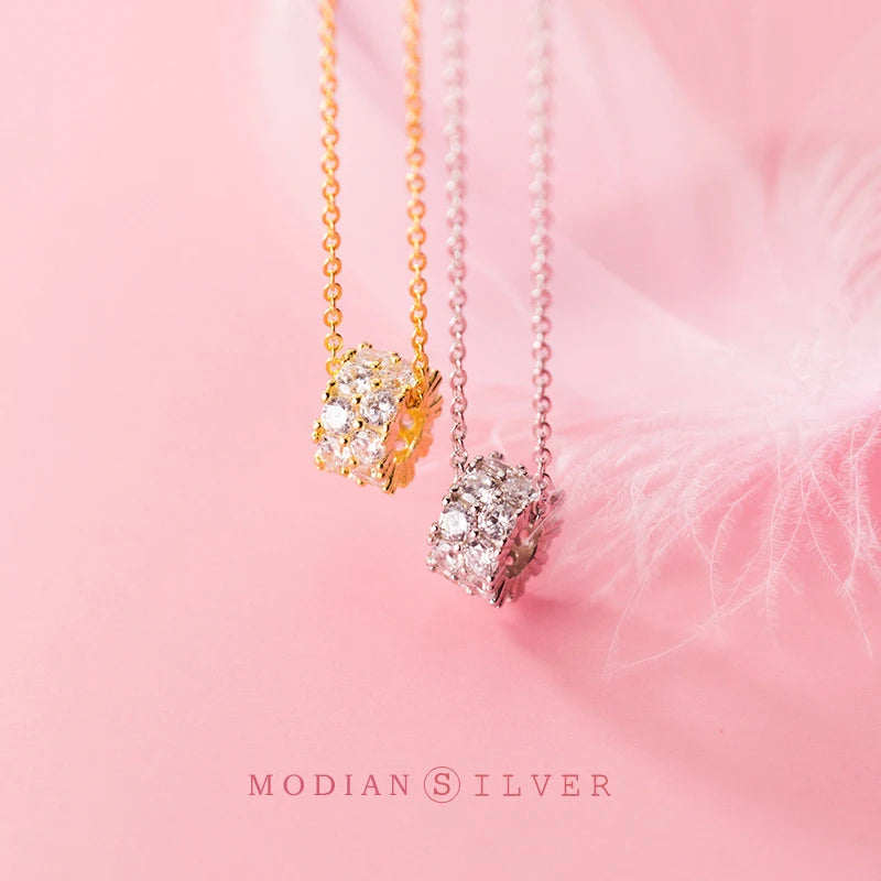 Modian Genuien 925 Sterling Silver Shining Zircon Luxury Round Tube Pendant Necklace for Women Link Chain Necklace Fine Jewelry