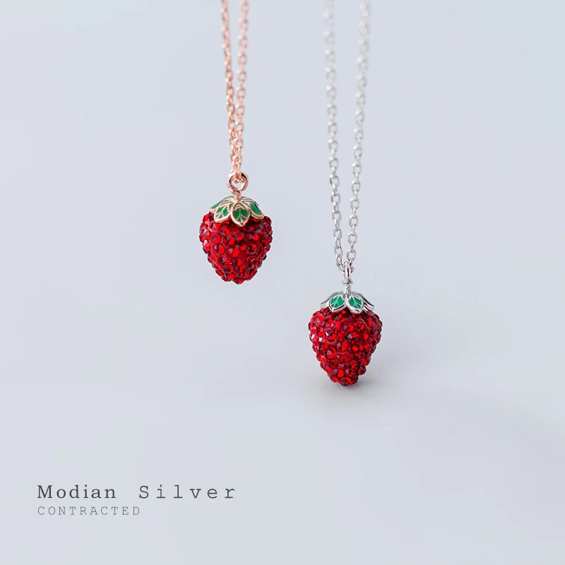 Modian Genuine 925 Sterling Silver 3D Strawberry Pendant Necklace for Women Crystal Chain Link Necklaces Fine Jewelry