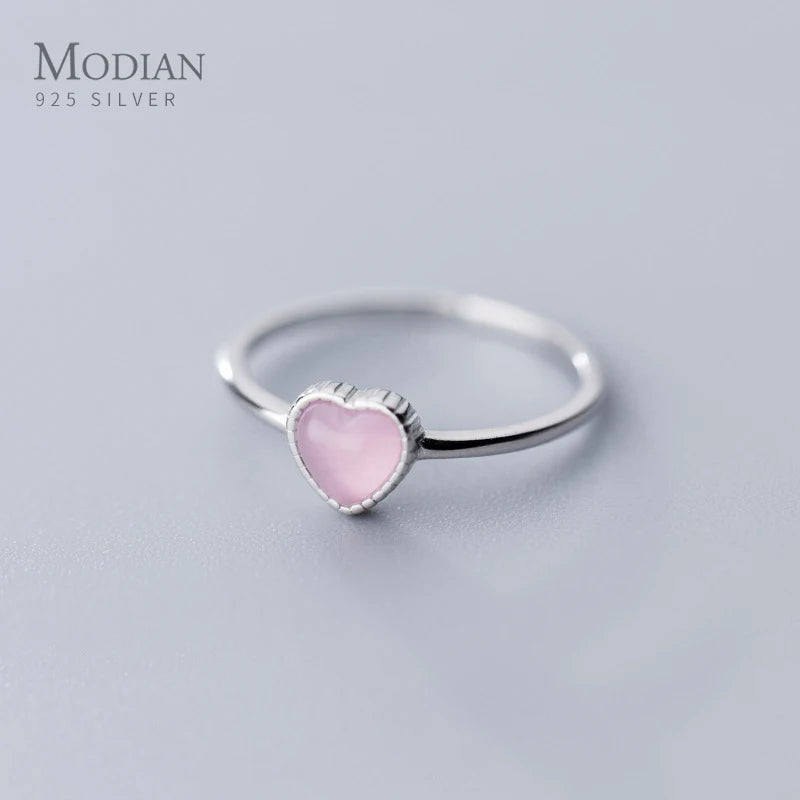 Modian Genuine 925 Sterling Silver Romantic Pink Opal Hearts Rings for Women Adjustable Open Finger Ring Fine Jewelry