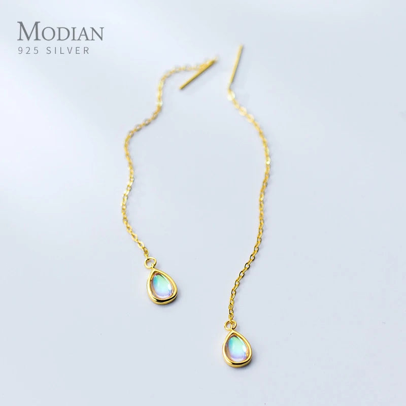 Modian Genuine 925 Sterling Silver Water Drop Dangle Earrings for Women Charm Gold Color Rainbow Opal Jewelry Bijoux