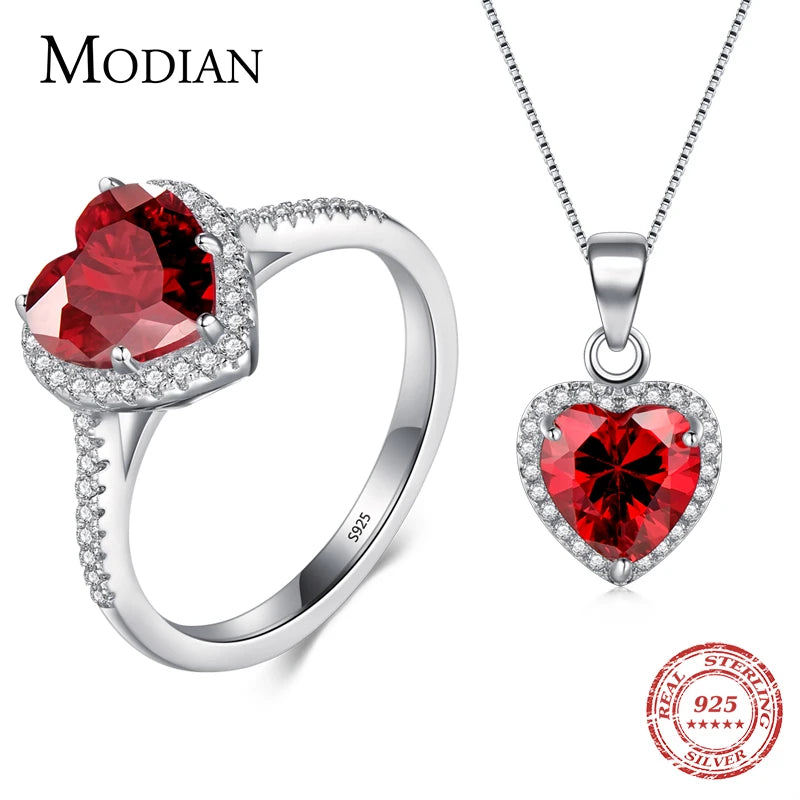 Modian Genuine Solid 925 Sterling Silver Hearts Sets Jewelry Red Ring Necklace Wedding Crystal Pendant Chain For Women