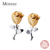 Modian Gold Color Rose Flower Jewelry For Women Charm Tree Leaf Classic Real 925 Sterling Silver Stud Earrings Gift