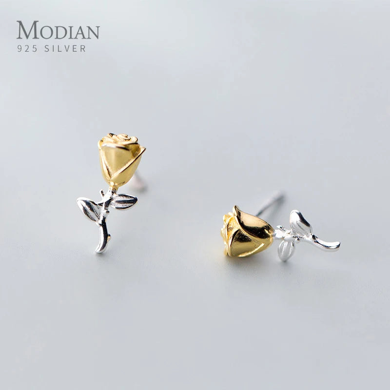 Modian Gold Color Rose Flower Jewelry For Women Charm Tree Leaf Classic Real 925 Sterling Silver Stud Earrings Gift