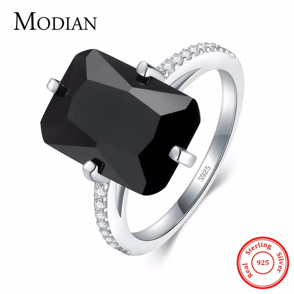 Modian High Quality Solid 925 Sterling Silver Ring For Women Black Crystal Luxury Party Jewelry Finger Silver Rings Anel
