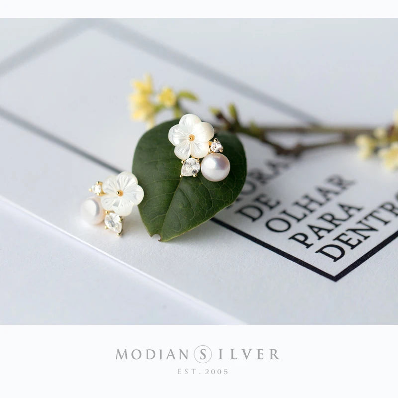 Modian 925 Sterling Silver Blooming White Frangipani Flower Pearl Stud Earring for Women Ear Pin Fine Jewelry