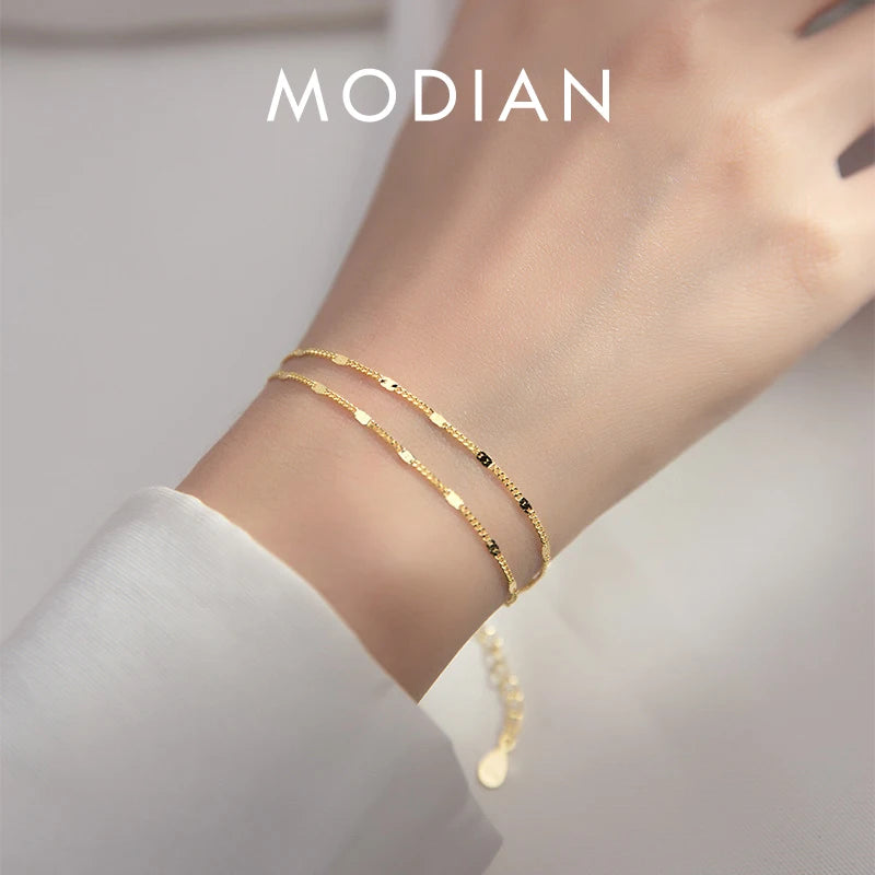 Modian 925 Sterling Silver Double Layers Trendy Sparkling Bracelet Women Adjustable Link Chain Bracelet Fine Jewelry