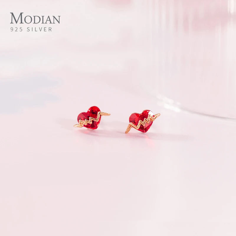 Modian 925 Sterling Silver Red CZ Stone Heart Geometric Wave Line Stud Earrings for Women Wedding Fine Jewelry
