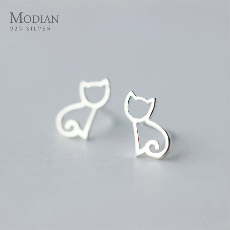 Modian Cute Real 925 Sterling Silver Tiny Cat Animal Stud Earrings For Women Sterling Silver S925 Party Jewelry Bijoux