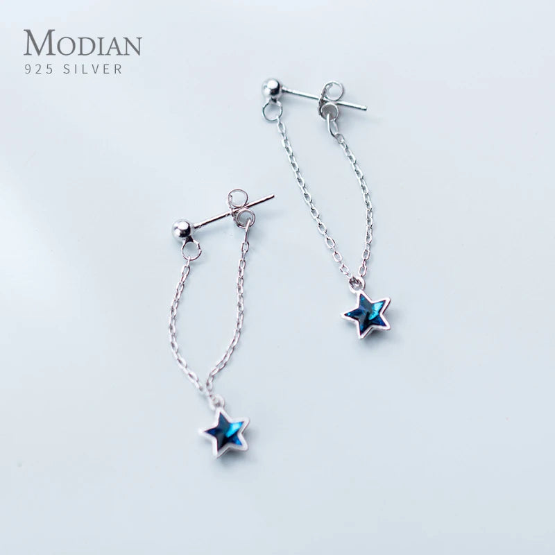 Modian Swing Blue Crystal Stars Drop Earrings 925 Sterling Silver Sparkling Dangle Earrings For Women Jewelry