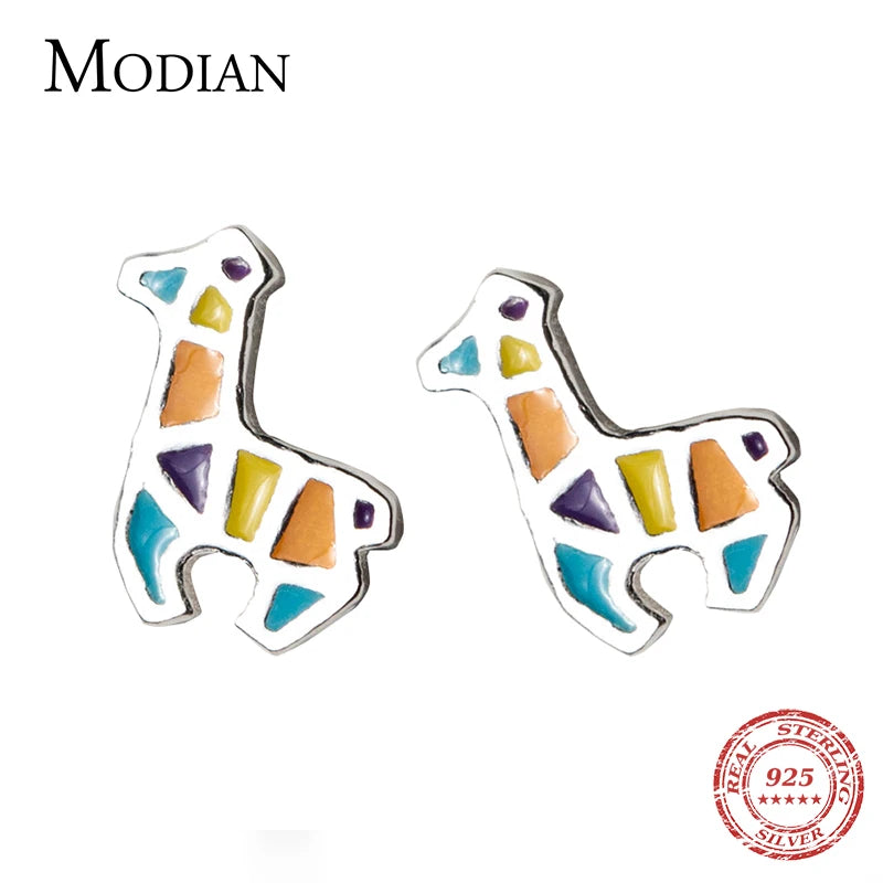 Modian Real 925 Sterling Silver Elegant Multicolor Enamel Horse Stud Earrings For Women Silver S925 Jewelry