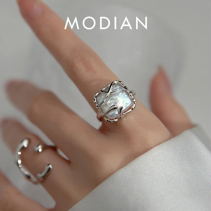 Modian Irregular Water Drop Square Ring 925 Sterling Silver  Adjustable Size 6-8 Finger Rings For Women Fine Jewelry