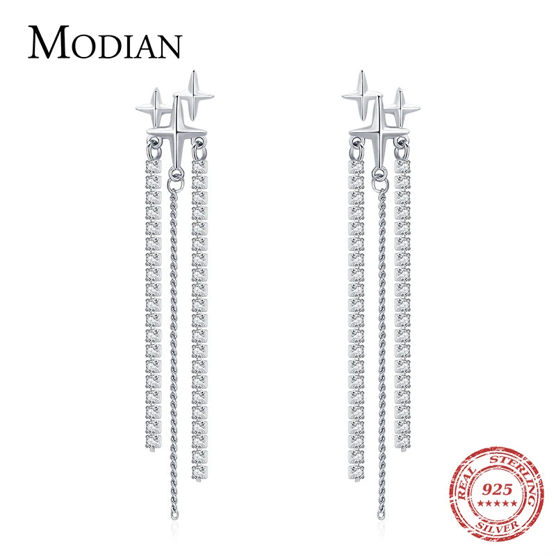 Modian Long Tassel Drop Earrings for Women Wedding Genuine 925 Sterling Silver Sparkling Clear CZ Dangle Earring Luxury Jewelry