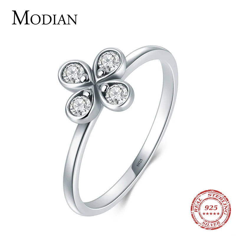 Modian Lucky Flower Clover Trendy Ring 100% 925 Sterling Silver Charm Clear CZ Stackable Finger Rings For Women Party Jewelry