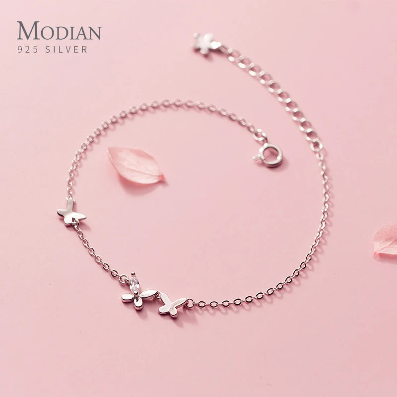 Modian New 925 Sterling Silver Clear CZ Butterfly Minimalist Chain Bracelet for Women Girl Original Bangle Fine Jewelry