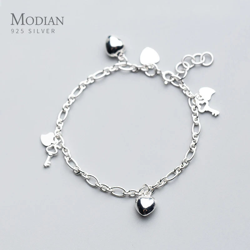 Modian New 925 Sterling Silver Simple Hearts Key Charm Bracelet Bangle for Women Link Chain Korea Style Fine Jewelry Pulseira