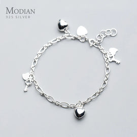 Modian New 925 Sterling Silver Simple Hearts Key Charm Bracelet Bangle for Women Link Chain Korea Style Fine Jewelry Pulseira
