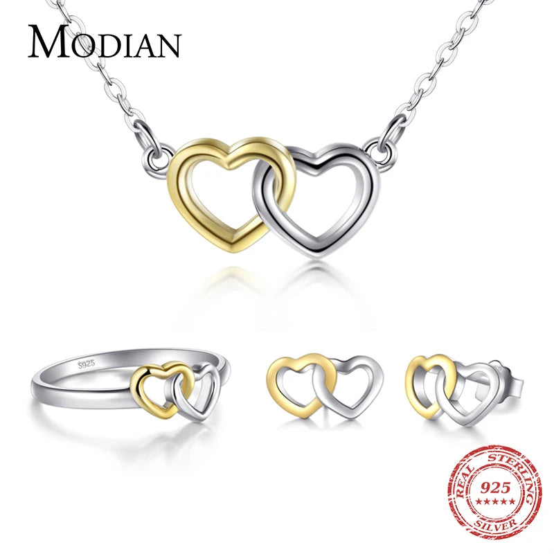 Modian New Authentic 100% 925 Sterling Silver Ring & Stud Earrings Double Hearts Gold White Color Wedding Jewelry Set