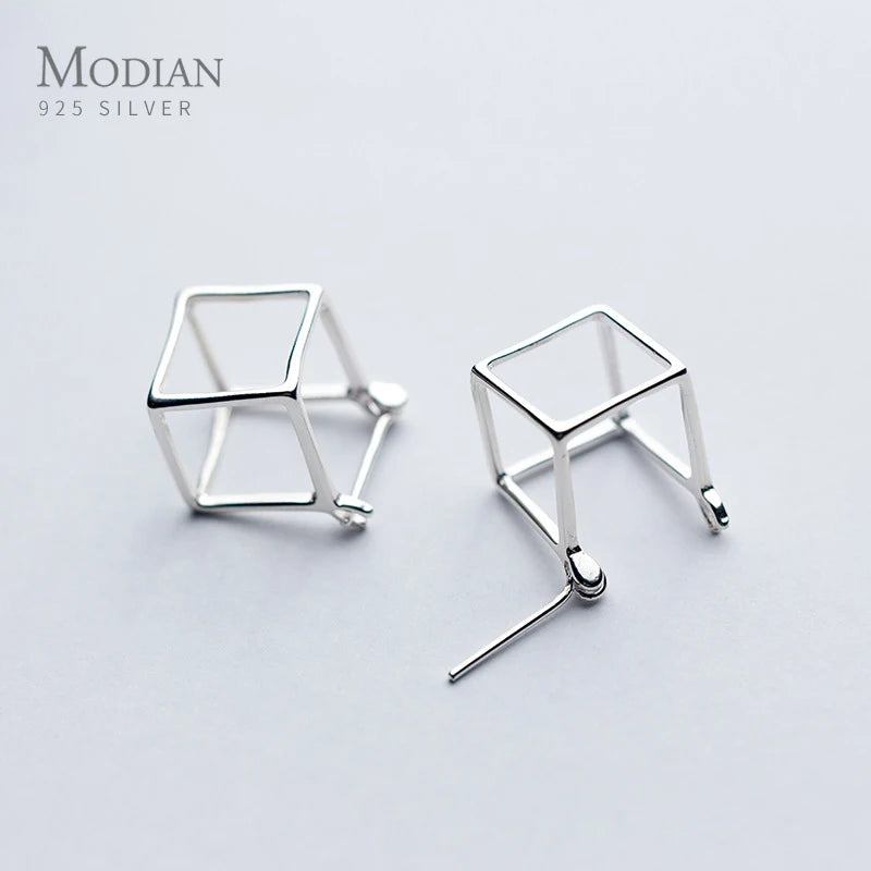 Modian New Design Geometric 3D Square Cube Stud Earrings for Women Authentic 925 Sterling Silver Stylish Minimalism Jewelry Gift