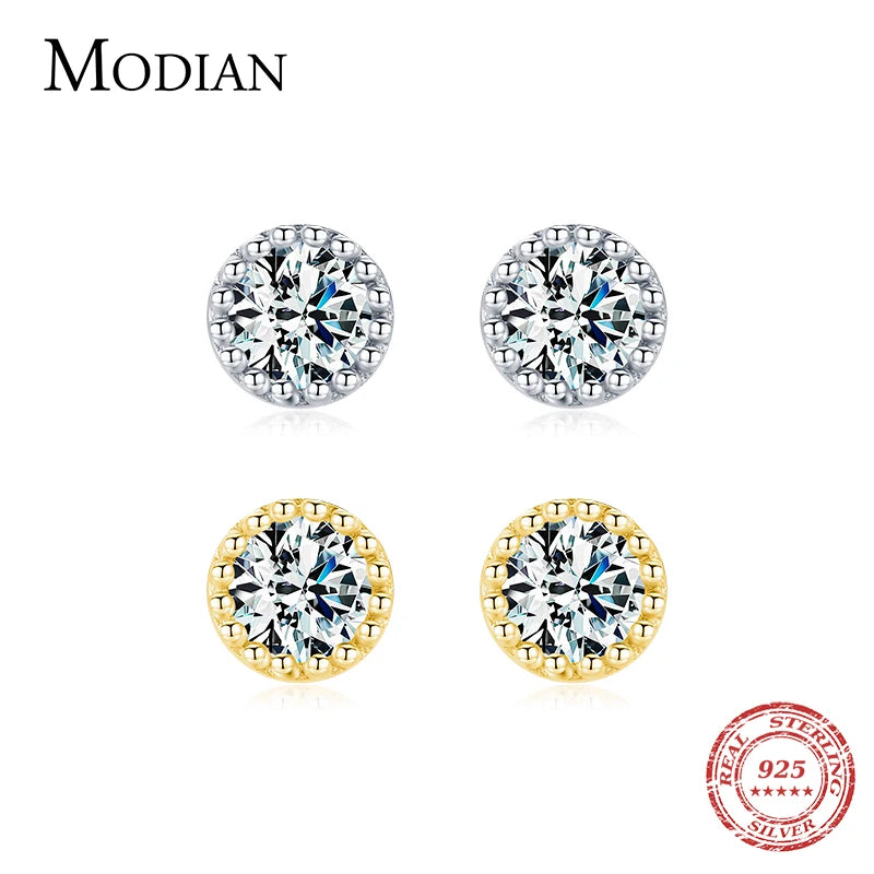 Modian New Tiny Gold Color Round Earrings 100% 925 Sterling Silver Sparkling CZ Stud Earring For Women Wedding Jewelry