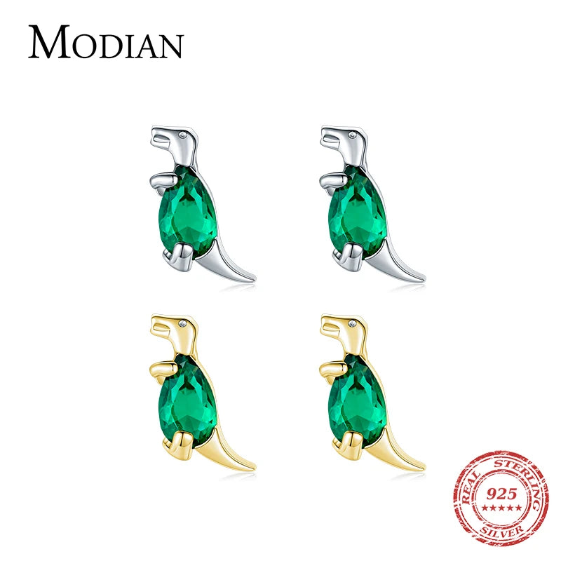 Modian New Pure 925 Sterling Silver Cute Crystal Tyrannosaurus Stud Earrings For Women Girls Gold Tiny Dinosaur Cute Jewelry