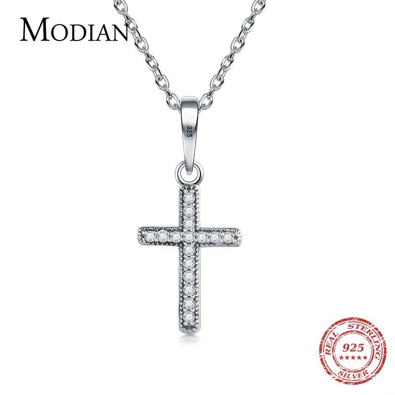 Modian New Real 925 Sterling Silver Zirconia Hearts Cross Necklaces Pendants With Chain For Women Silver Jewelry