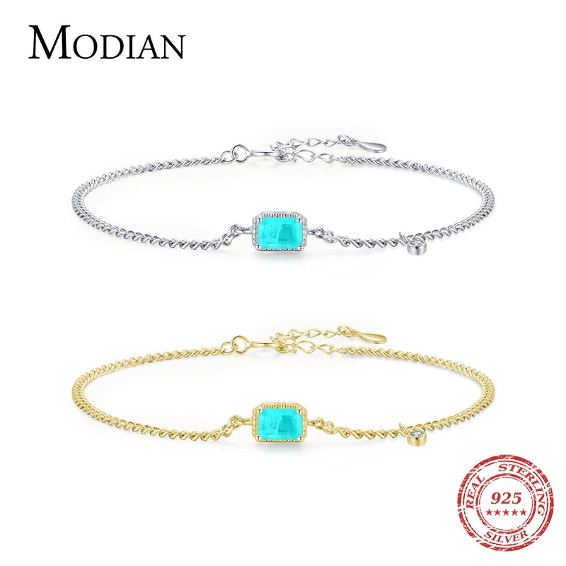 Modian Pure 925 Sterling Silver Elegant Rectangle Tourmaline Paraiba Bracelet Link Chain For Women Wedding Jewelry Gifts