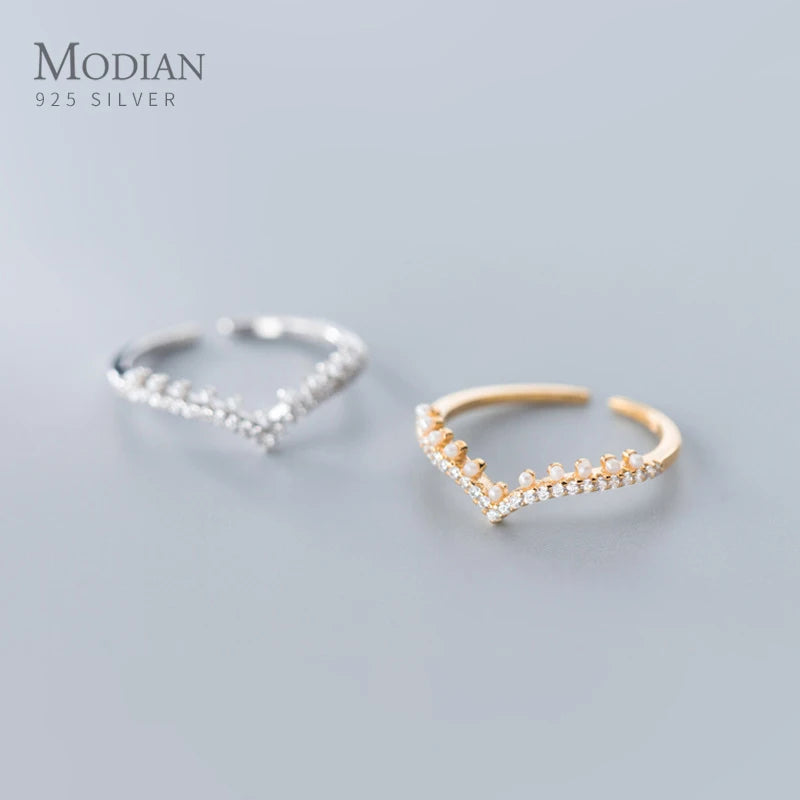 Modian Radiant Zircon V Shape Elegant Pearl Sterling Silver 925 Ring for Women Free Size Ring Luxury Wedding Gift Fine Jewelry