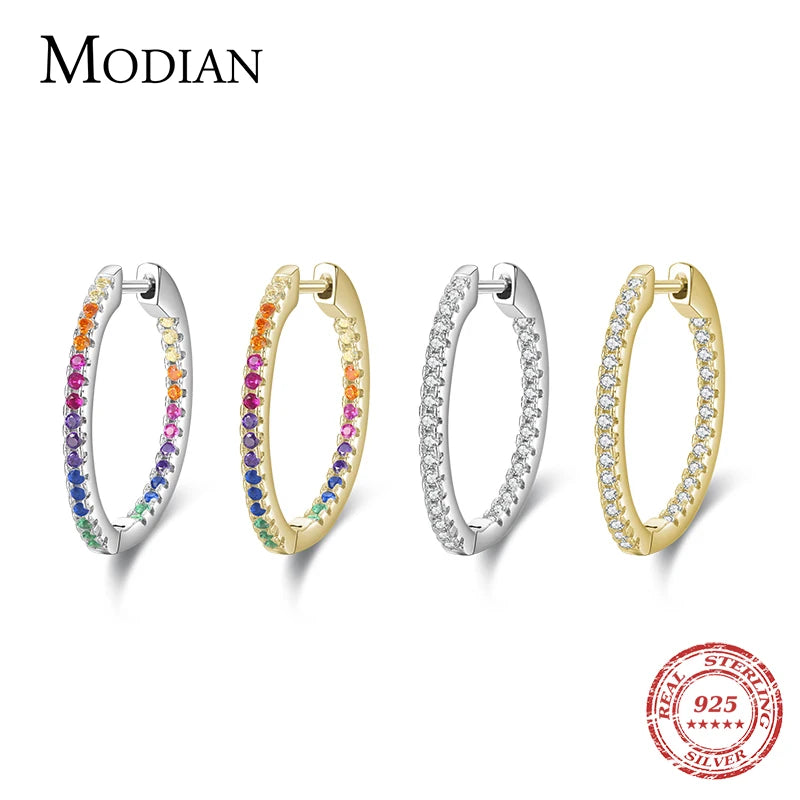Modian Rainbow Color Sparkling Earrings Real 925 Sterling Silver Circle Zirconia Hoop Earrings For Women Luxury Wedding Jewelry