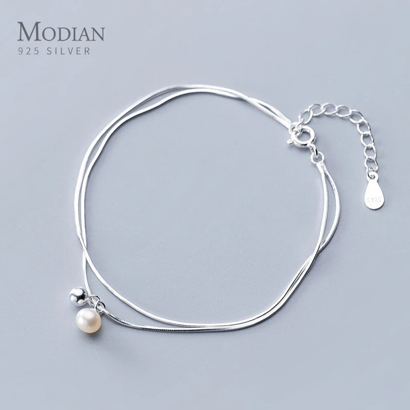 Modian Real 925 Sterling Silver Double-Layer Snake Chain Bracelet for Women with Lobster Clasp Link Chain Brangle Fine Jewelry