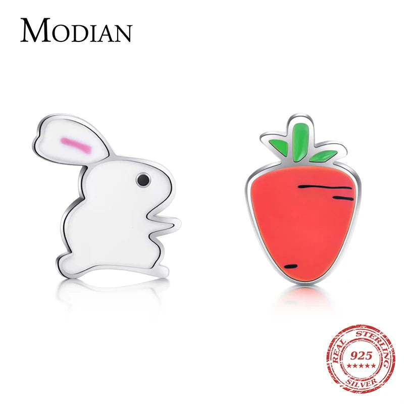 Modian Real 925 Sterling Silver Enamel Rabbit Carrot Lovely Stud Earrings Cute Earrings For Women Original Jewelry
