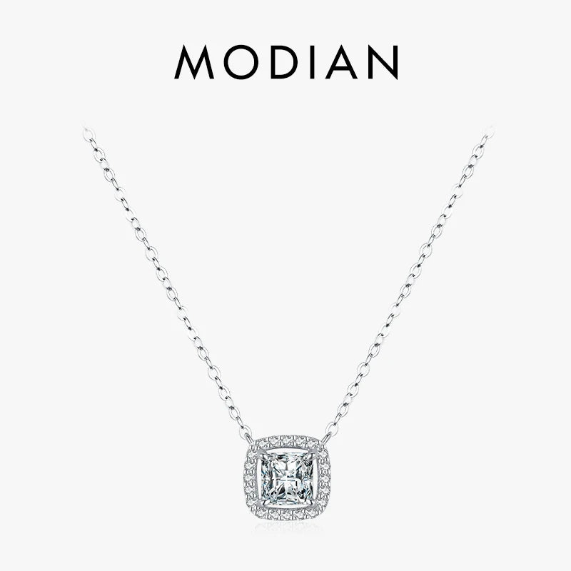 Modian Real 925 Sterling Silver Exquisite Square Shiny Zirconia Pendant Clear CZ Chain Necklace for Women Wedding Fine Jewelry