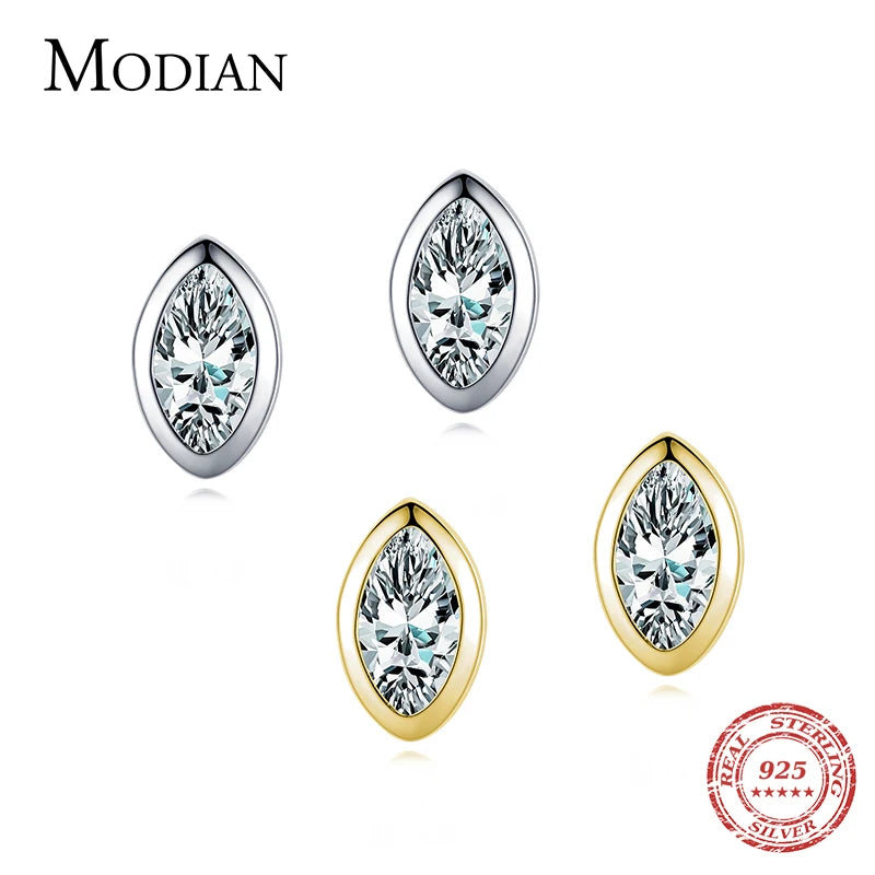 Modian Real 925 Sterling Silver Golden Rhombus Luxury CZ Gold Stud Earrings for Women Anniversary Gift Fine Ear bone Jewelry