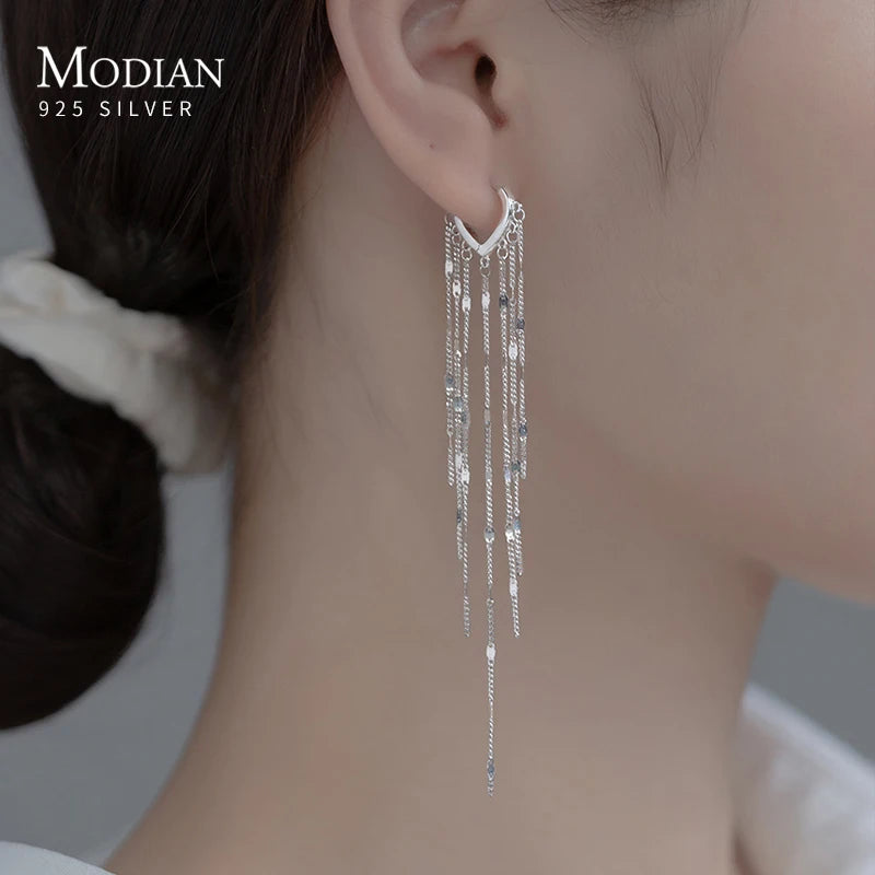 Modian Real 925 Sterling Silver Long Tassel Sparkling Trendy Drop Earrings for Women Dangle Earrings Fine Jewelry Wedding Gift