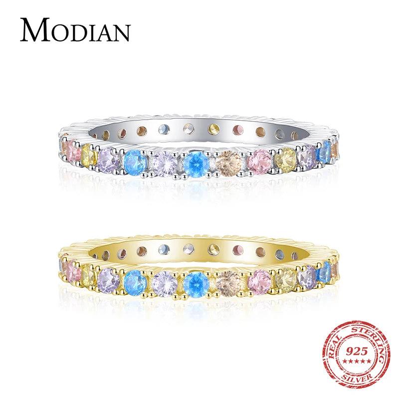 Modian Real 925 Sterling Silver Rainbow Candy Color Crystal Exquisite Classic Finger Ring For Women Wedding Engagement Jewelry